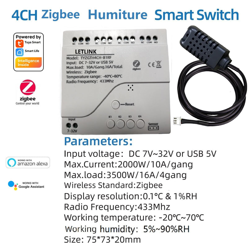4CH Zigbee Temperature & Humidity Controller Wireless Relay, USB 5V or DC 7-32V Input, Extendable Probe Sensor, -20°C-80°C,Tuya App Remote (DC 7-32V)
