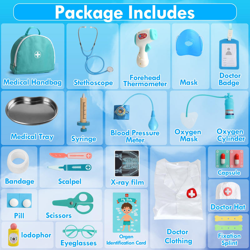 Lehoo Castle Doctor Kit for Toddlers 3-5, Kids Doctors Play Set, Pretend Play with Doctor Costume Toy Stethoscope Medical Kits for Girls Boys 3 4 5 Light Blue