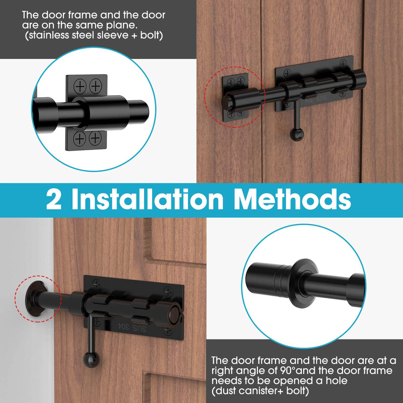 Slide Bolt Gate Latch Hardware, Barrel Bolt Latch, 6.3 Inch Heavy Duty Solid 304 Stainless Steel Black Finish Lock for Wooden Fence/Shed/Yard/Barn Door/Interior and Outdoor (2 Pack Black) 2 Pack Black
