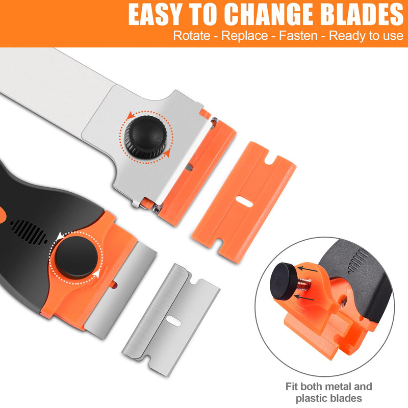 3 Pack Razor Blade Scraper, Premium Cleaning Scraper Tool with 60 PCS Metal & Plastic Razor Blades, Multi-Purpose Glass Scraper for Windows, Sticker, Decals, Cooktop, Paint Removal (Orange) Orange