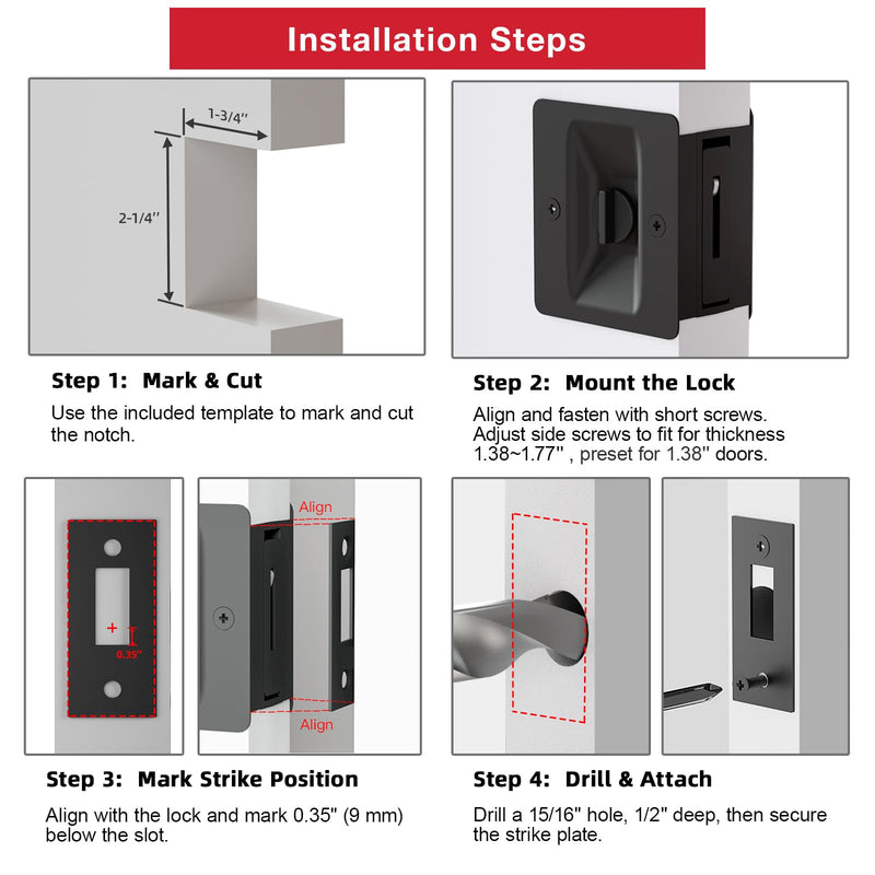 Matte Black Pocket Door Lock, 3-Pack Privacy Pocket Door Hardware, Pocket Door Handles, Pocket Door Lock Latch with Pull, 2-3/4’’x2-1/2’’, for 1.38’’-1.77’’ Thickness Door