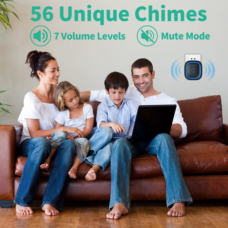 Doorbell Wireless Doorbell Classroom Doorbell IP66 Waterproof 115dB with 56 Chimes Door Bell Ringer Wireless 1000ft Range Battery Doorbells Chime Kit 7 Levels Volume Mute Mode for Home Kid Room Office C-Black