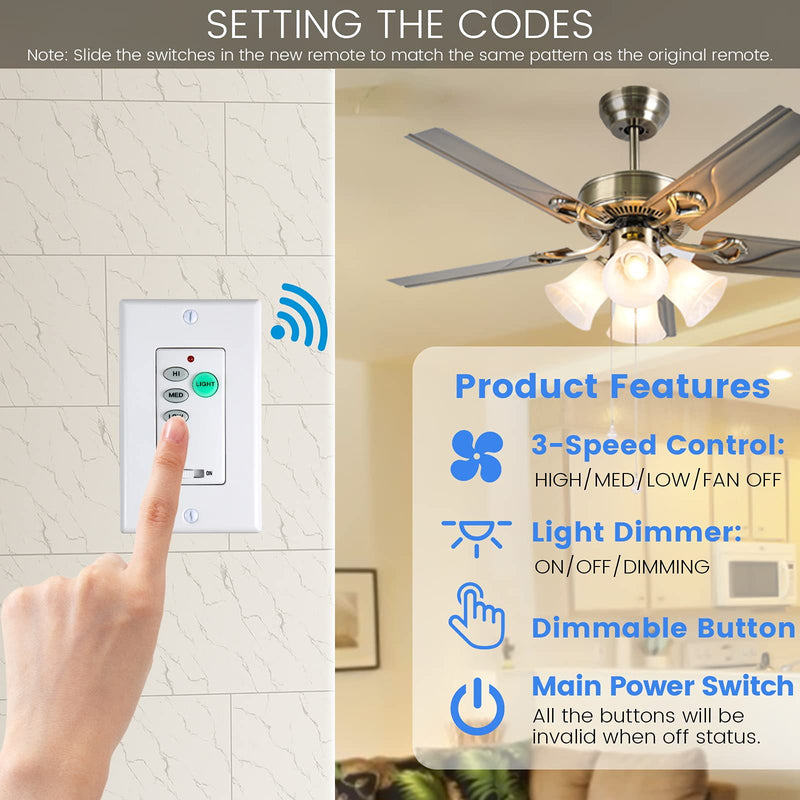 Universal Ceiling Fan Wall Control 3 Speed Wall Mounted Fan Control Full Range Dimmer UC-9050T CHQ9051T… UC9050T