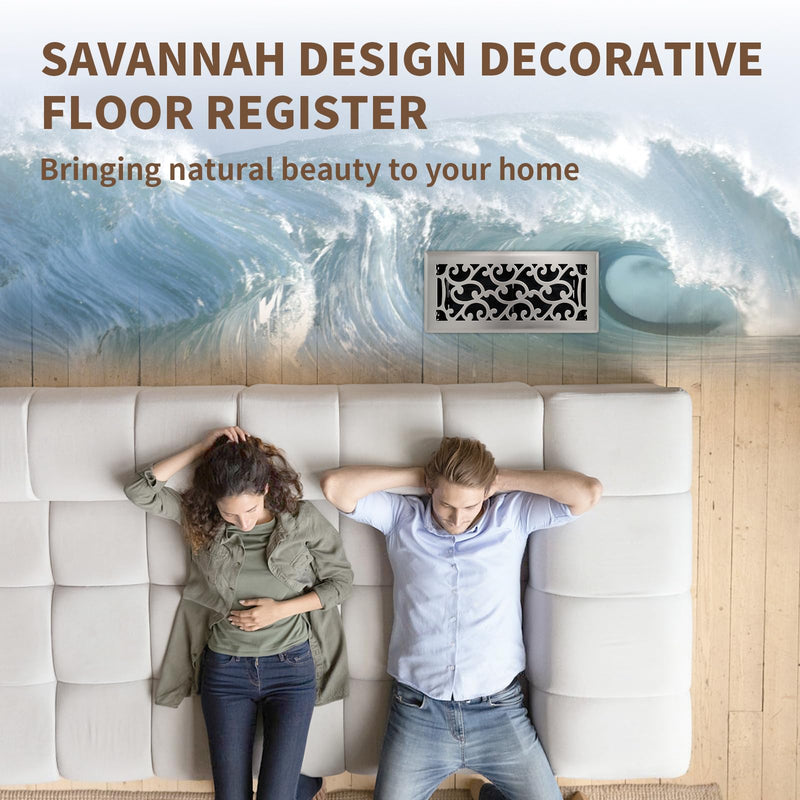 4x10 Inches Air Floor Vents Register Ease Adjust Air Flow Savannah Design-Heavy Duty Walkable Steel Decorative Floor Vent for Room- Satin Nickel Floor Vent Covers 4x10 Inches