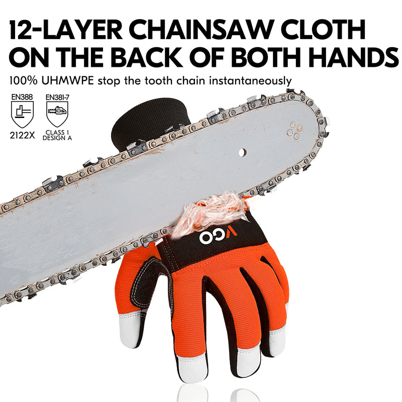 Vgo... Chainsaw Gloves, 12-Layer Chainsaw Protection on Both Hand Back, leather Work Gloves, Mechanic Gloves X-Large(1 Pair) Orange(knitted Cuff)