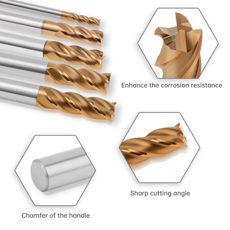 5 Pcs Tungsten Carbide End Mills Set - 1/8" 3/16" 1/4" 5/16" 3/8", 4 Flutes CNC Milling Cutters for Hardened Steel, Alloy Steel, Cast Iron (AlTiN TiSiN Coated) 3-5-6-8-10mm 5Pcs