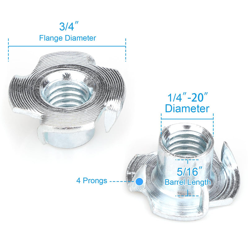 1/4"-20 T-Nuts (100 Pack), Zinc-Plated Steel Corrosion Resistant, 5/16" Barrel Length, 4-Pronged Tee Nut for Wood, Rock Climbing Holds, Cabinetry 1/4"-20 5/16"long100pcs Silver