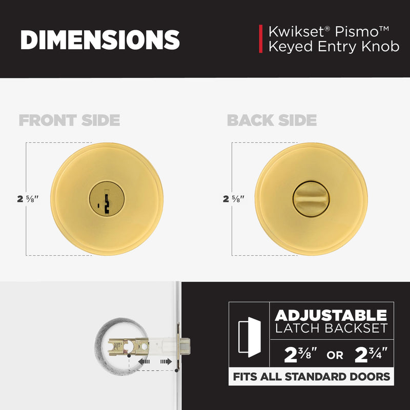 Kwikset Pismo Entry Door Knob with Lock and Key, Secure Keyed Handle Exterior Doorknob, Front Entrance and Bedroom, Satin Brass, Round, Pick Resistant SmartKey Rekey Security, Microban Protection 1 Pack Keyed Entry