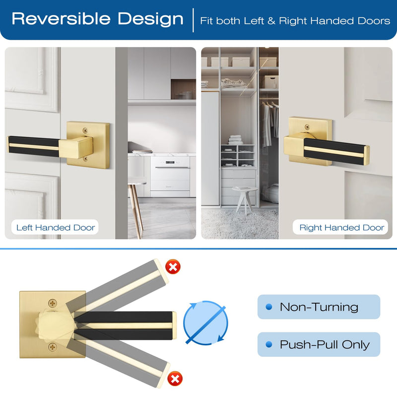 EHOMEWARE Gold Dummy Door Handles with Black Leather 3 Pack, Half Dummy No Lock Function Without Latch or Key, Pull or Push Function for Pantry or French Doors Dummy Door Handle - No Key No Latch