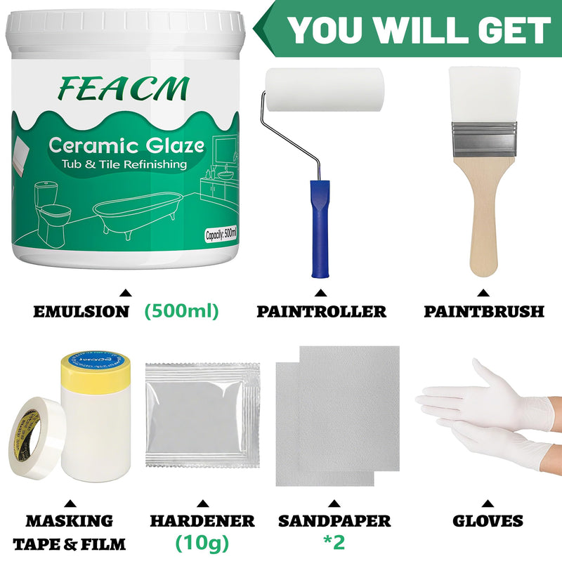 Tile Paint, Tub and Tile Refinishing Kit, Tub Refinishing Kit White Bathtub Water Based &Low Odor, Easy to Use Sink Paint for Bathroom Kitchen, Semi-Gloss White, 25-30sq.ft. 17 Fl Oz (Pack of 1)