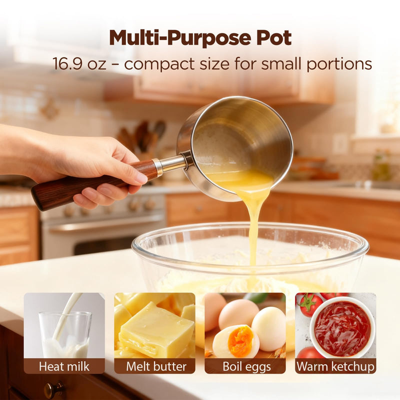 Milk & Butter Warmer Pot, 17oz Stainless Steel Small Sauce Pan with Wooden Handle, SUS304 Induction Compatible for Heating Milk, Melting Butter, Chocolate, Warming Syrup, Easy to Clean(BP-01) Silver