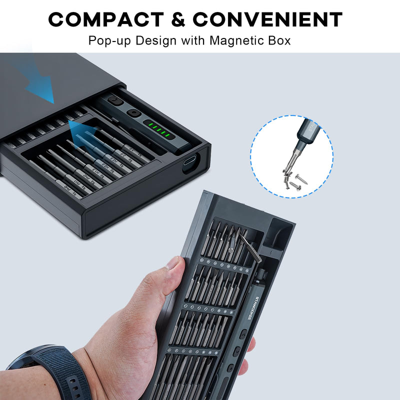 Mini Electric Screwdriver - Precision Electric Screwdriver Cordless, 68-in-1 Magnetic Drill Bit Set, 5 Torque Settings, Rechargeable Repair Tool Kit for PCs, Cameras, Wacthes and Electronics