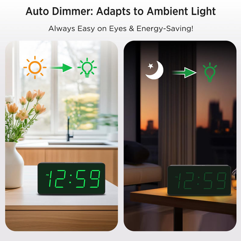 Peakeep Battery Operated Digital Alarm Clock for Bedrooms - Cordless Large Big Numbers 4 Dimmers, Auto Dimming for Seniors, Adjustable Volume Loud Alarm Clock for Heavy Sleepers Adults (Green Digits) Green Digits