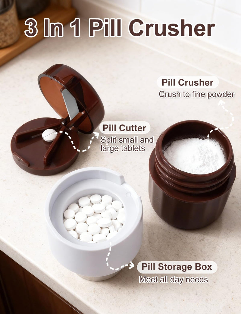 3-in-1 Pill Crusher with Pill Cutter and Storage, Splitte Pills, Tablets, Vitamins and Grind to Fine Powder, for Small or Large Pills (Not Suit for Capsule Drugs)