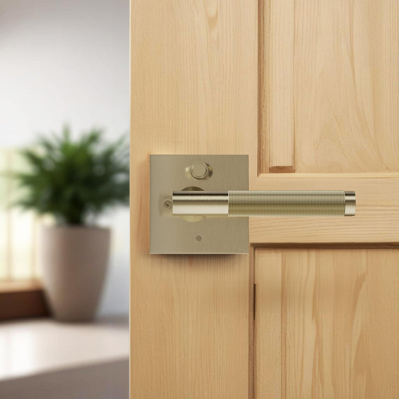 Premium Polished Satin Brass Door Handles for 1 3/8" - 2" Compatible Doors – Soft Gold Handles Interior with Lock - Easy Installation, Reversible, Button Lock (Privacy Lock)- Designed by Architects Privacy (Locking)