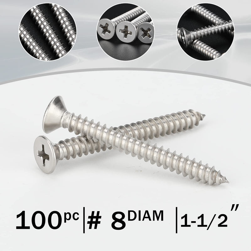 100 PCS #8X1-1/2(1.5 inch) Stainless Steel Phillips Flat Head Wood Screws,Stainless Steel 18-8 A2(304) Screw,Home Screw Kit by QISHENG #8X1-1/2"(1.5 inch) Colorless 100 - NewNest Australia
