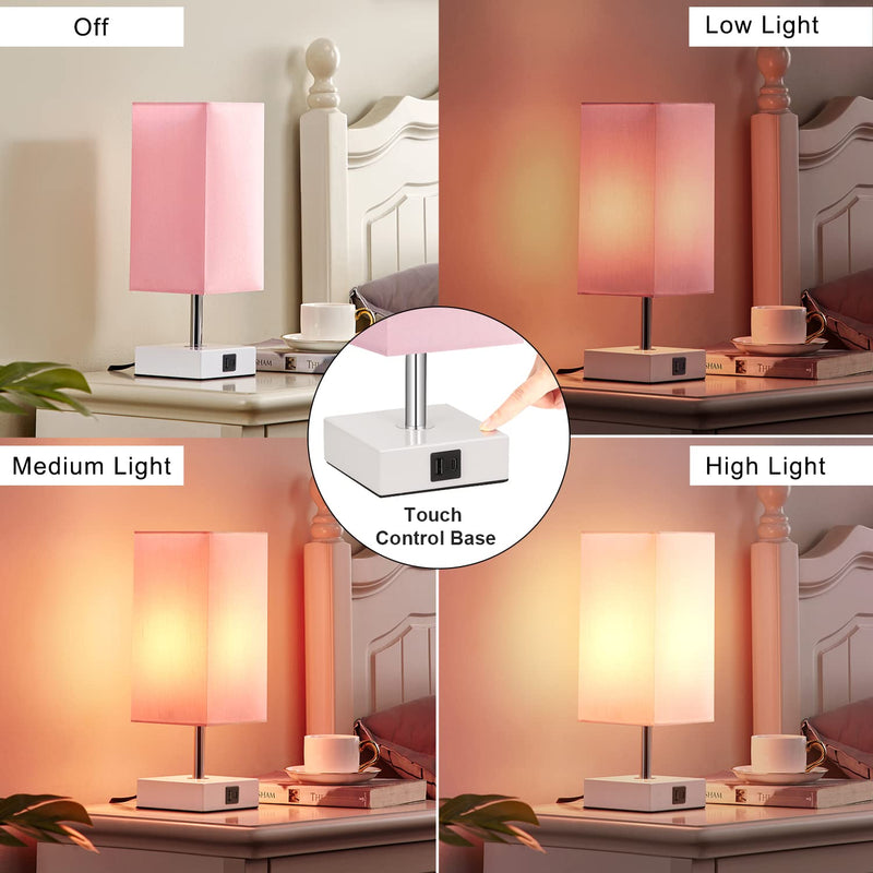Ambimall Touch Control Table Lamp with 2 USB Charging Ports, 3 Way Touch Lamps Beside Desk, Nightstand Lamp for Bedrooms Living Room, Pink Shade with White Base, LED Bulb Included(Pink) A：pink