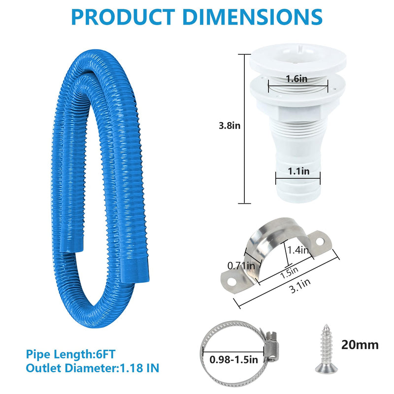 1-1/8 Inch Dia Marine Bilge Pump Hose,6 FT PVC Bilge Pump Hose, Bilge Pump Installation Kit with 1-1/8 Inch Thru Hull Fitting,Include Stainless Steel Clamps and U-Shaped Pipe Card (Blue) 1-1/8in - 6ft Blue Hose