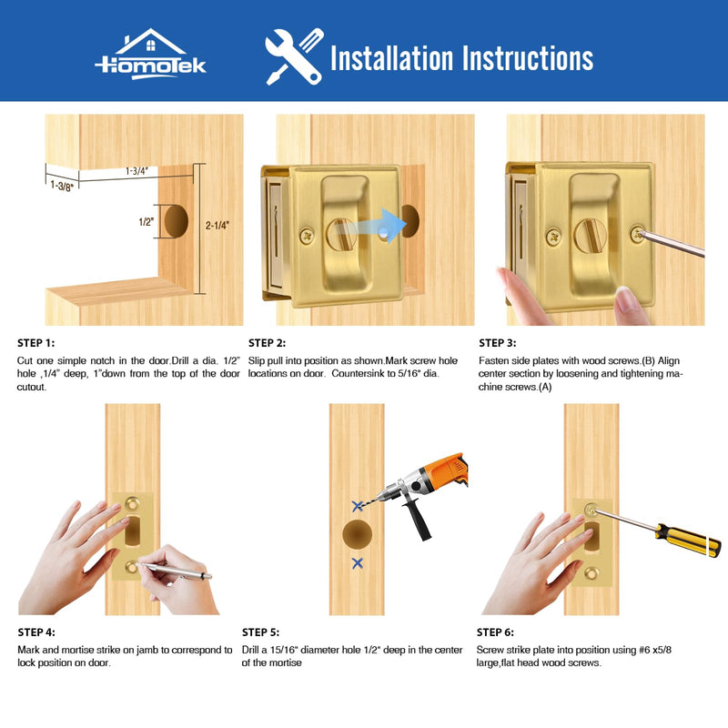 HOMOTEK 4 Pack Privacy Sliding Door Lock with Pull - Replace Old Or Damaged Pocket Door Locks Hardware Quickly and Easily, 2-3/4”x2-1/2”, for 1-3/8” Thickness Door, Brushed Brass