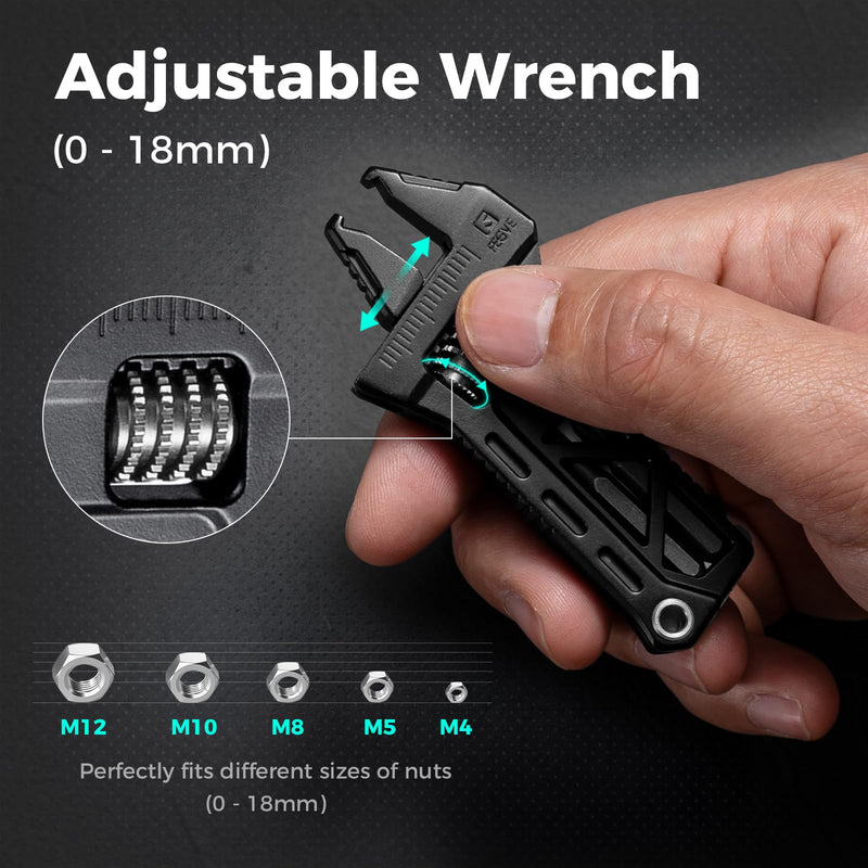 FEGVE Mini Adjustable Pocket Wrench Tool, 316 Stainless Steel | Mini Portable, 4-In-1 Multi Tool, 0-18mm Adjustable Jaw, for Bike Home Outdoor Emergency Daily Repair,Black Black