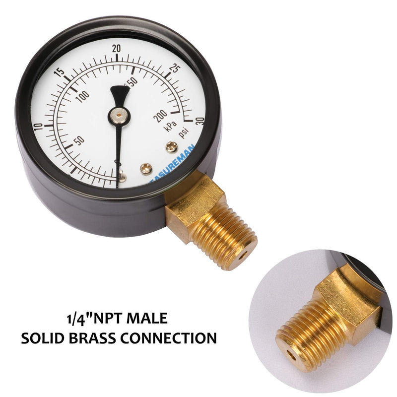 MEASUREMAN 2" Brass Gas Pressure Test Gauge Assembly, 3/4" FNPT Connection, 0-30 psi/kpa, +/-3-2-3% Accuracy 0-30psi/kpa Brass body