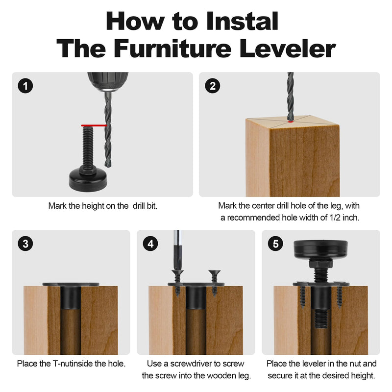 FivePears Heavy Duty Adjustable Furniture Levelers, 2640Lbs Max Support of 8pcs, Furniture Leveling Feet for Sofas, Cabinets, Tables, Chairs, Workbench, 3/8”-16 Thread T-Nut Kit, Black 1