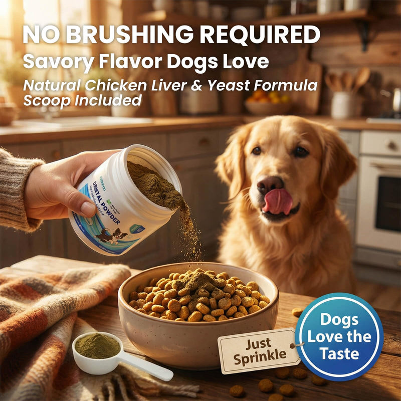 Dog Dental Powder & Breath Freshener for Daily Oral Care, Easy Sprinkle Food Topper with 1B CFU Probiotics, 1200mg Kelp, SHMP, Plaque & Tartar Support, Chicken Liver Flavor, 150g