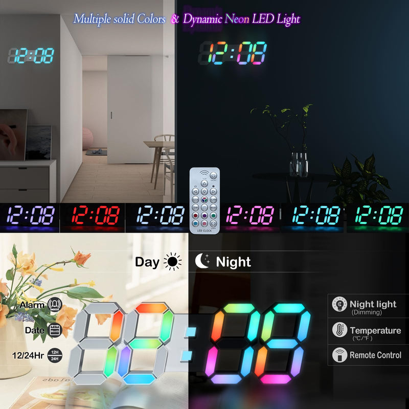 KOSUMOSU LED Wall Clock 15" RGB Digital LED Clock for Living Room Decor, Large Display Gaming Room Clocks, Dimming/12/24 Hr Time/Date/Temp/Remote (White Clock with Neon Light) 15in Wall Clock-neon Light