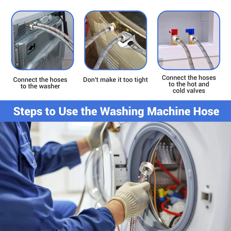 4 Ft Washing Machine Hoses, Premium Stainless Steel Washer Hoses Burst Proof 2 Packs, Hot and Cold Striped Water Supply Hoses for ALL Washing Machine