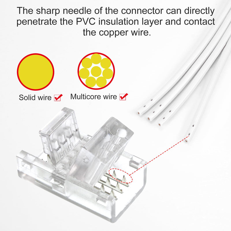 RGBZONE 10Pcs LED Strip Connector 4 Pin 8mm,Wide Strip to Wire Quick Connectors for Waterproof or Non-Waterproof 8mm Wide RGB SMD 5050/3528 LED Light Strip 4pin 8mm strip to wire