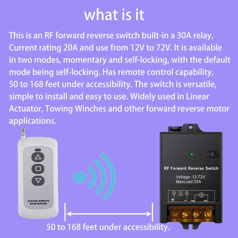 Forward Reverse Switch with Remote MaxLoad 30A,Linear Actuator Controller 12V/24V/36V/48V/72V, up to 168 ft Remote Range for Motor/Linear Motion Actuators/Winch Solenoid Relay contactor