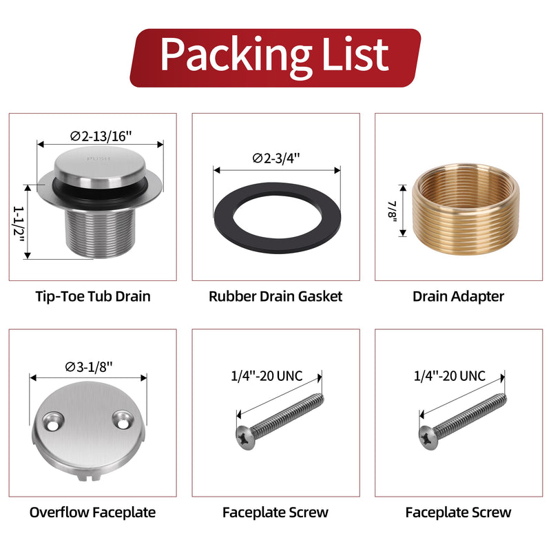 PRIMSOPH Tip-Toe Tub Drain Trim Kit with Two Hole Overflow Faceplate Conversion Kit Assembly Universal Fine Coarse Thread Replacement Brushed Nickel