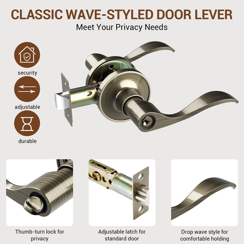 Door Handle with Lock, Ohuhu Bronze Door Knobs Interior Exterior Door Lock Lever with Key Antique Brass for Bedroom Bathroom Privacy not Keyed Alike Wave Style Entry locksets Zinc Alloy 2 Pack