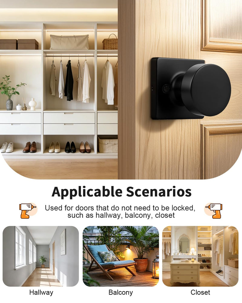 Probrico Matte Black Dummy Door Knobs Interior, Single Sided Dummy Door Handles for Closet 2 Pack, Standard Size Non-Turning Interior Flat Ball Knob Push/Pull Door Knob
