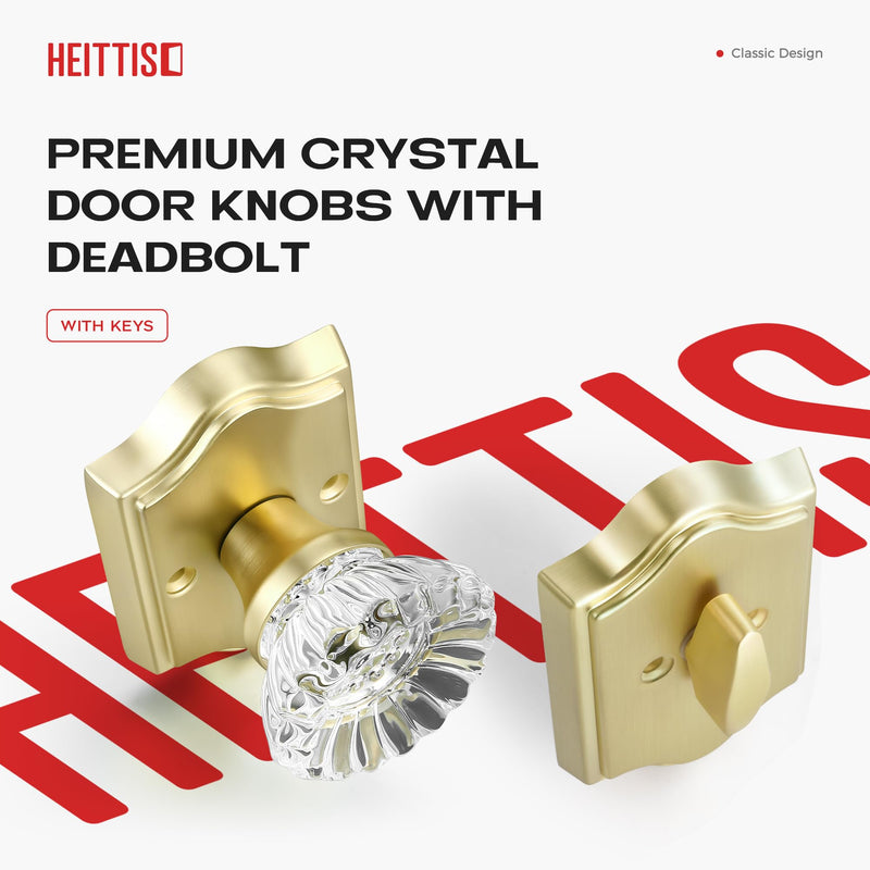 1 Pack Brass Combo Sets, Modern Gold Crystal Door Knobs Interior with Single Cylinder Deadbolt,Satin Brass Finished Deadbolt Set-1pack Satin Brass