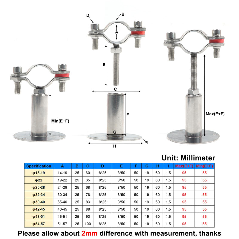 Kodilin 4PCS 304 Stainless Steel Wall Mount Ceiling Mount Pipe Supports,Suitable for OD Pipe 1"(32-34mm),Adjustable Height 50-100mm,Adjustable Pipe Strap Clamp with Screws 1"(32-34mm)
