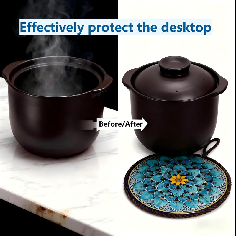 Ceramic Cork Trivet 6.7 Inch (17cm)-Heat Resistant Non-Slip Hot Pad for Dishes, Kitchen Table Insulation Mat 4 Pieces Set. (Prosperous Lotus) Prosperous Lotus