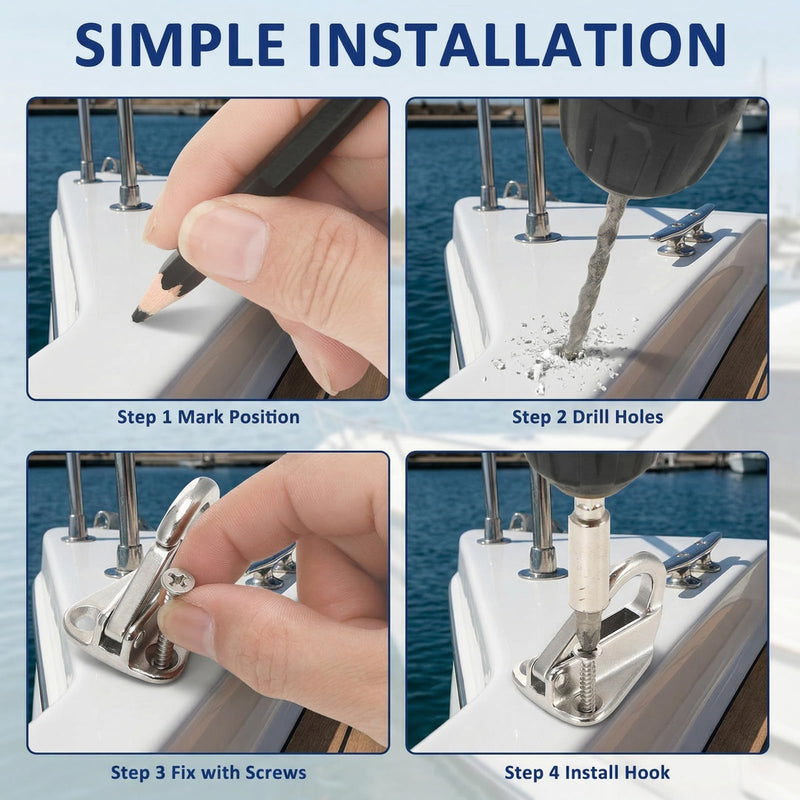 Frienda Boat Fender Hooks 316 Stainless Steel (6 Pack), Wall Mounted Marine Fender Clips with Spring Latch & 12 Screws, Dock Rust Proof Hardware for Boats Yachts Ropes