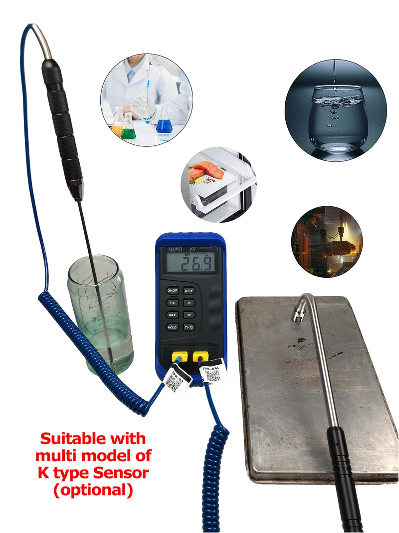 TECPEL DTM-307 Digital Thermometer with 2 k Type thermocouple Sensor Probe (TPK-01)