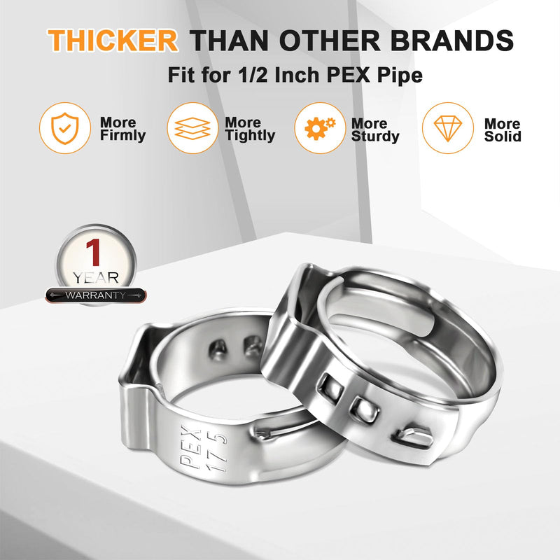 120 Pack 1/2 Inch PEX Cinch Clamps Rings, Premium 304 Stainless Steel Cinch Crimp Rings Pinch Clamps, Stepless Single Ear Hose Clamp for PEX Tubing Pipe Fitting Connections By Hydencamm (1/2"x120) 1/2"- 120pcs 1/2"