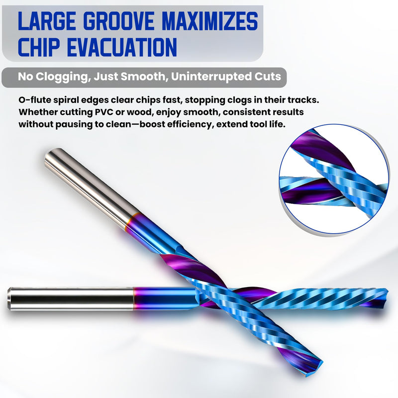 HQMaster 10pcs Down Cut O Flute CNC Router Bits, 1/8 Inch Shank Single Flute End Mill, Nano Blue Coated CNC Bit for Wood, MDF, PVC, Acrylic, Aluminum, Plasitc (1/8“ x 1/8" x 1" x 2") 1/8“ x 1/8" x 1" x 2"