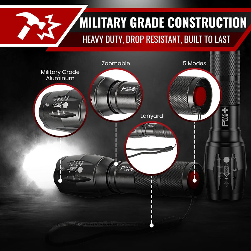 PeakPlus LED Flashlights High Lumens, Tactical Flash Lights [4 Pack] - Super Bright Waterproof Zoomable 5 Modes - Powerful Handheld Flashlight for Emergencies, Camping, Outdoor, Dog Walking 4 PACK