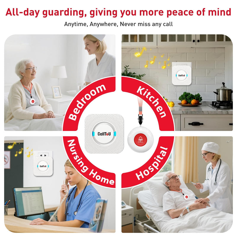 CallToU Elderly Monitoring Call Button Wireless Caregiver Pager Smart Senior System with Light Personal Buzzer Alarm 2 Portable Transmitters 1 Plugin Receiver 2 call buttons + 1 receiver