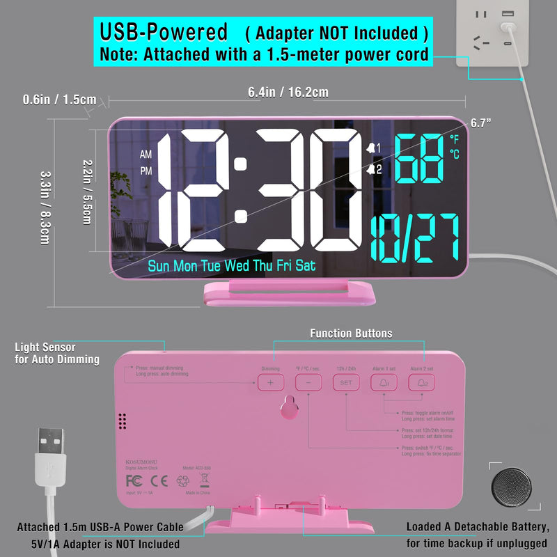 Pink Digital Clock for Bedroom 6.7in Dual Alarm Clock with Dimming, 12/24h, Seconds, Date, Day of Week, Temp, Desk Clock, LED Clock for Table Decor, Digital Calendar Table Clocks for Bedrooms KOSUMOSU Pink Clock(white + Blue Digits)