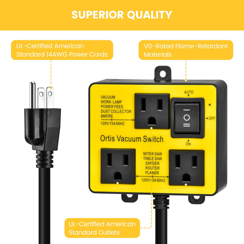 Automatic Vacuum Switch, Ortis Vacuum Switch for More Power Tools, Delay Vacuum On/Off to Prevent Circuit Overload and Tripping, Keep Your Workplace Cleaner, Better for Your Lung Yellow