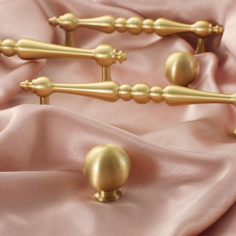 Flybath 5 Pack Ball Cabinet Knobs Solid Brass Kitchen Drawer Gold Pulls Cute Furniture Handles, Brushed Brass