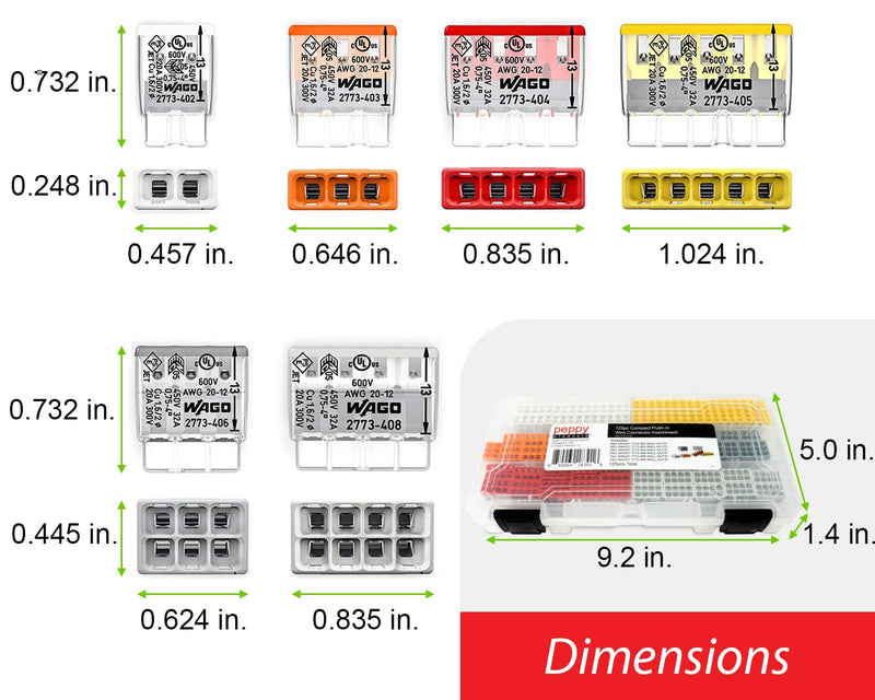 WAGO 2773 Wall Nuts 125pc Push-in Wire Connector Assortment Kit with Case | Splicing for Solid and Stranded Electrical Conductors | 2773-402, 2773-403, 2773-404, 2773-405, 2773-406, 2773-408 125pc Kit