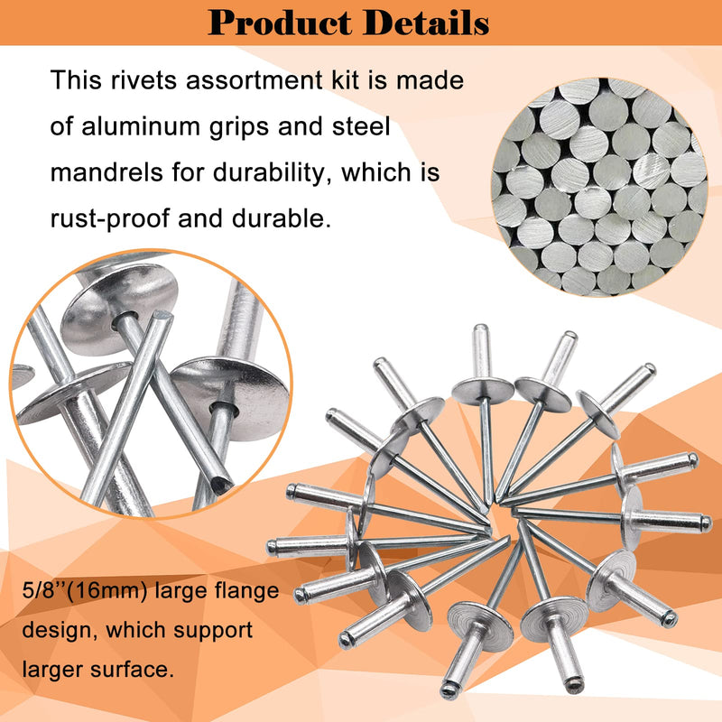 80pcs Aluminum Large Flange Blind Rivets,3/16x 3/4inch, Flange Diameter 5/8inch (16 mm), Pop Rivets Assortment Kit Blind Rivet by Bolt Dropper, Grip Range(13-16mm) 3/16" x 3/4"