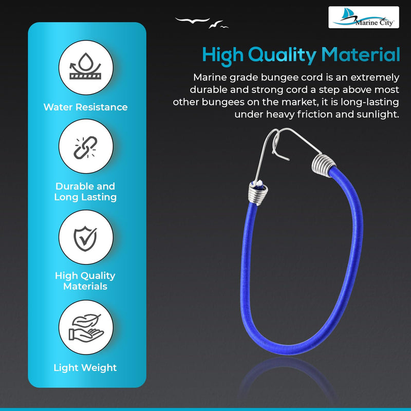 MARINE CITY Blue Bungee Cord with Stainless Steel Hook – 32 Inches, Durable, Weatherproof for Marines, Boats, Camping, Ships, Tie Downs Bungee Cord (Pack of 4)