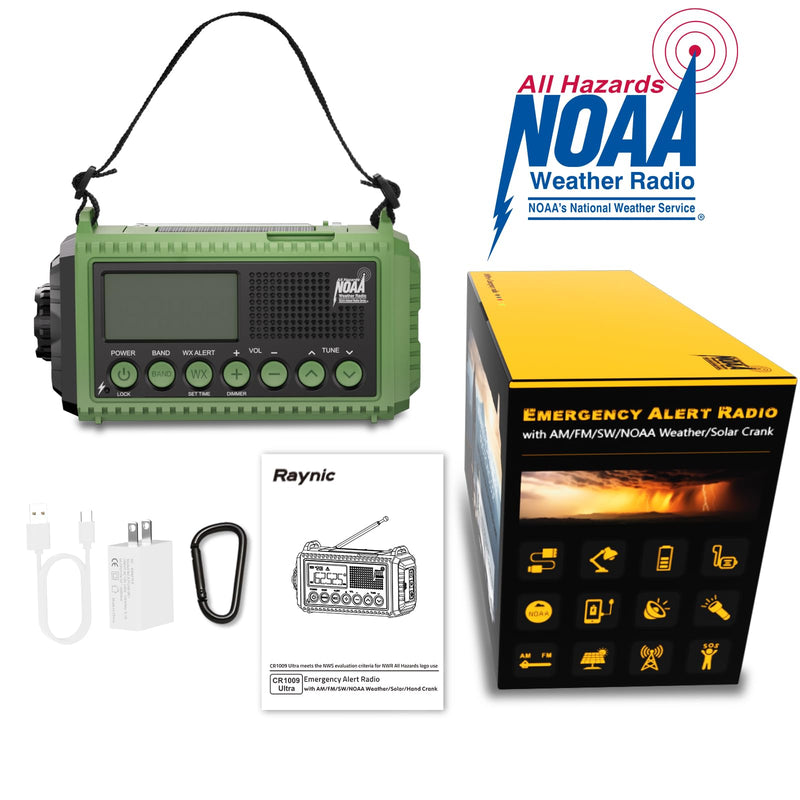Raynic Emergency Radio, 12000mAh/44400mWh Battery Operated Weather Radio, Solar Hand Crank Radio with AM/FM/SW/NOAA Alert, Cell Phone Charger, Type-C Charging, Flashlight and SOS Siren Olive-Green-LCD Display